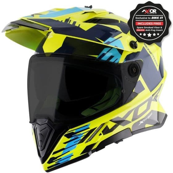 Axor X-Cross Graphic Motorcycle Helmet in blue and yellow, featuring a sleek design, a smoked visor, and a medium size (57-58cm), ideal for safety and style.