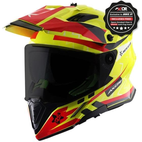 Red and yellow AXOR X-Cross Graphic Motorcycle Helmet in size small (55-56cm) featuring a sleek design, visor, and a prominent logo on the side.