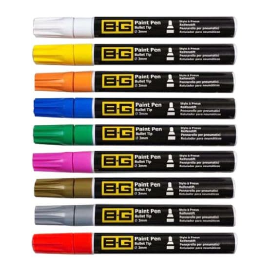B-G Racing Bullet Tip Tyre Paint Marker Pen in green, featuring a bullet tip for precise application, part of a set with various colors displayed in a row.
