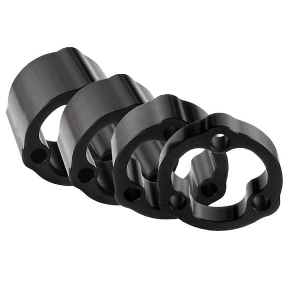 Four black aluminum steering wheel spacers, 3-bolt design, each with a 51mm depth, showcasing a smooth finish and precise cutouts for easy installation.