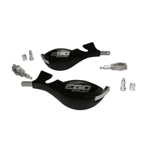 BarkBusters EGO Mini Handguards in black, featuring a sleek design with a glossy finish, two point mount, and included mounting hardware for 22mm handlebars.
