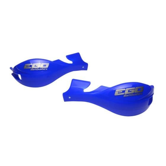 Bright blue plastic handguards with a sleek design, featuring the "EGO" logo prominently displayed in white, ideal for motorcycle or bike protection.