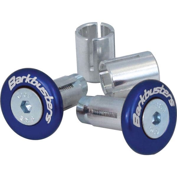 Anodized blue Barkbusters accessory bar end plugs with silver metal inserts and engraved logo, designed for motorcycle handlebar protection.