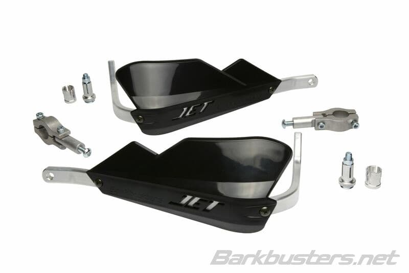 Black plastic handguards with a sleek design, featuring a two-point mount for Ø22mm handlebars, accompanied by mounting hardware.
