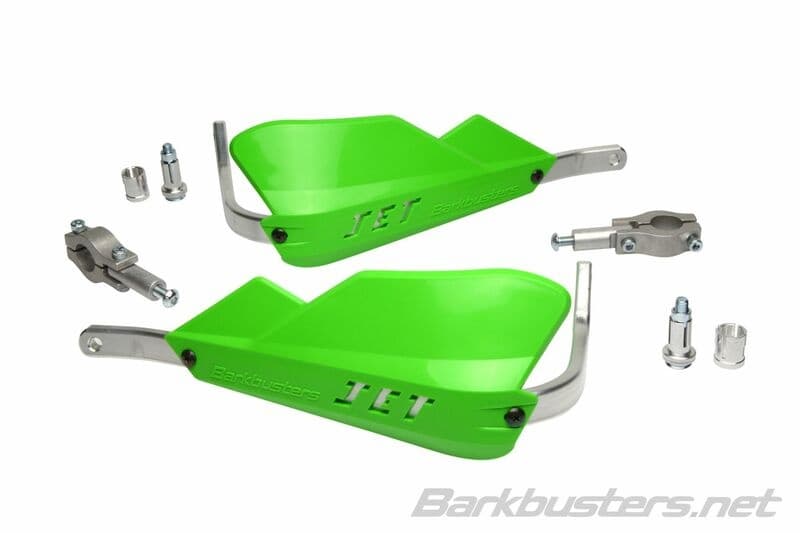 Bright green BarkBusters JET handguard kit with 22mm straight mount, featuring durable plastic construction and metal mounting hardware for motorcycle protection.