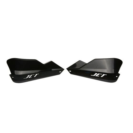 Black BarkBusters JET Handguards made of durable plastic, featuring a sleek design with a glossy finish and white "JET" logo on each guard.