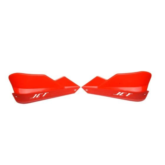 Red BarkBusters JET handguards made of durable plastic, featuring a sleek design with a prominent "JET" logo on each guard.