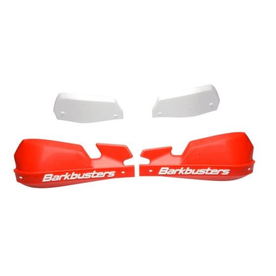 Red plastic handguards with a sleek design, featuring the "Barkbusters" logo in white, accompanied by two white mounting plates.