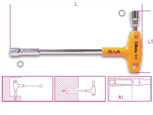 Beta 941 T-handle socket wrench in vibrant yellow and silver, featuring a 6-point/12-point design, with a 10mm x 10mm metric socket for versatile use.