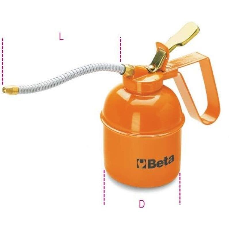 Orange metal pressure lubricator with a curved metallic tube, a sturdy handle, and a nozzle, featuring the Beta logo prominently displayed on the body.