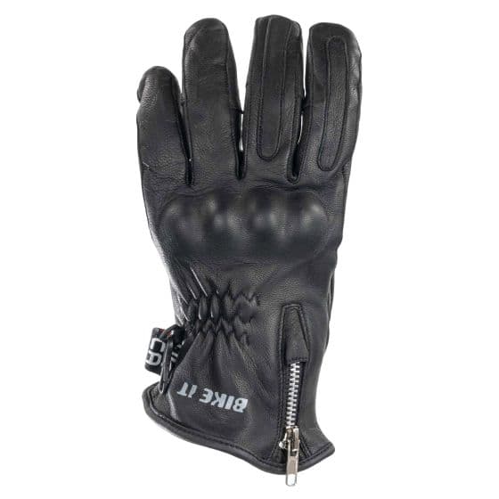 Black leather bike gloves featuring padded knuckles, a zippered wrist closure, and the "Bike It" logo prominently displayed on the back.
