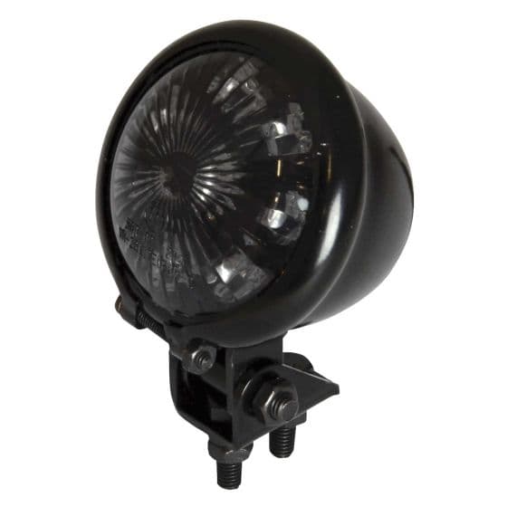 Black LED rear light with a dark smoked lens, featuring a round design, textured surface, and a sturdy mounting bracket with two bolts.