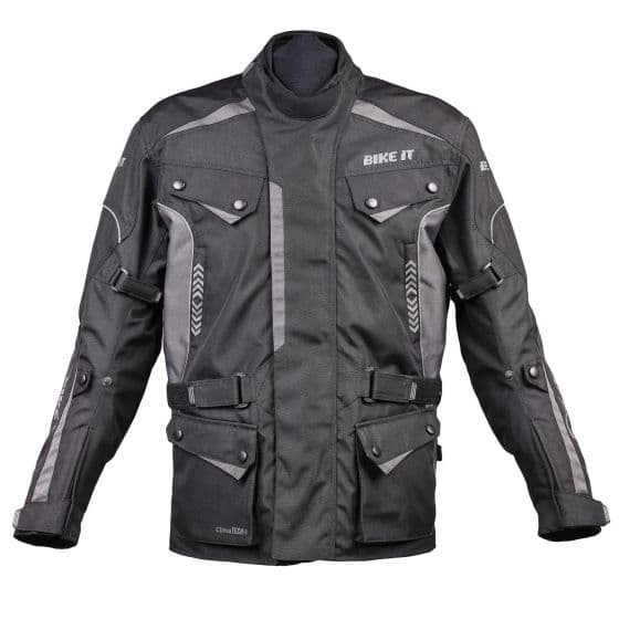 Black all-season motorcycle adventure jacket with reflective gray accents, multiple front pockets, adjustable straps, and a durable material designed for comfort and protection.