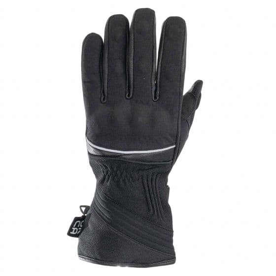 Black all-season gloves with a textured grip, reflective detailing, and a snug wrist fit, designed for all-weather biking conditions.