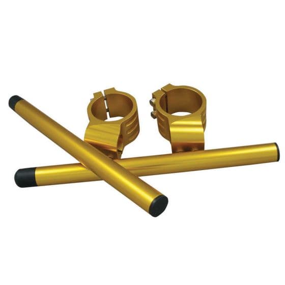 Gold aluminum clip-on handlebar kit featuring two handlebar clamps and two straight bars, designed for easy attachment to bike handlebars.