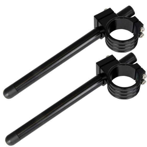 Black clip-on handlebar kit featuring two sturdy metal clamps with adjustable screws and extended poles, designed for easy attachment to bike handlebars.