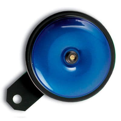 Blue 12V universal horn by Bike-It, featuring a glossy circular design with a black base and a mounting bracket for easy installation.