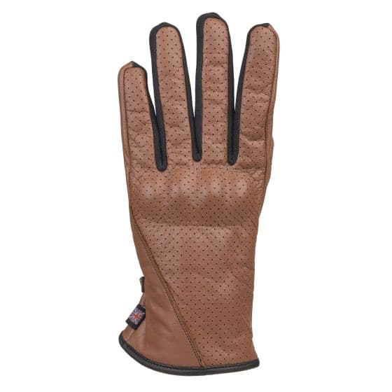 Brown leather gloves featuring perforated detailing, a snug fit, and black accents along the fingers and wrist, designed for biking enthusiasts.