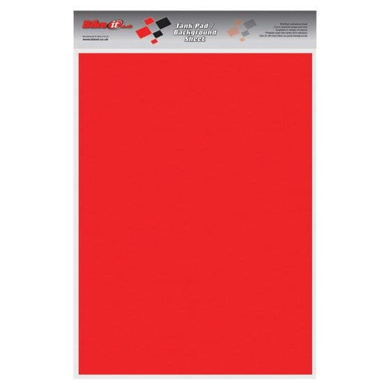 Customizable red tank pad protection sheet measuring 45 cm x 33 cm, featuring a smooth surface and a backing for easy application on motorcycle tanks.
