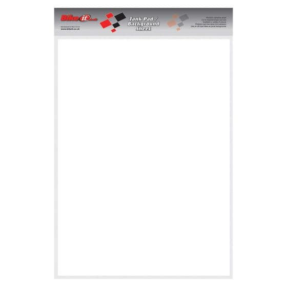 White, flexible tank pad sheet measuring 45cm x 33cm, featuring a smooth surface and a header with the Bike-It logo and product details at the top.