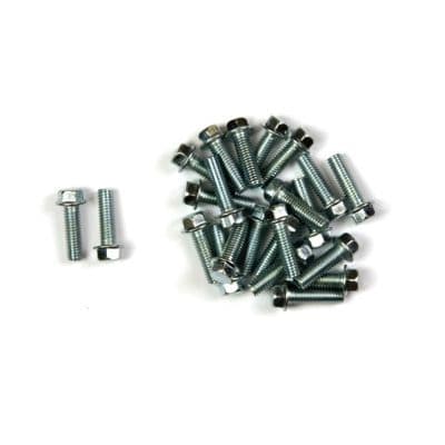 Twenty-five carbon steel flange head bolts in silver, each measuring M6 x 16 mm, with a hexagonal head and threaded shaft, arranged on a white background.