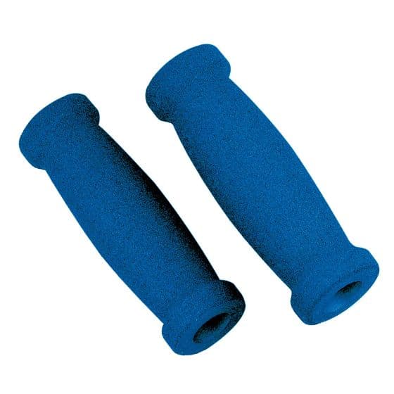 Blue foam bike grips with a textured surface, designed for comfort, featuring a tapered shape and open ends, measuring 20 mm x 25 mm.