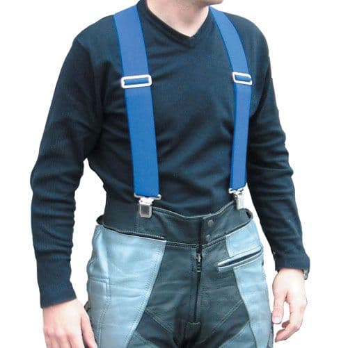 Blue trousers braces made of durable material, featuring metal clips, worn over a black long-sleeve shirt and paired with grey leather trousers.