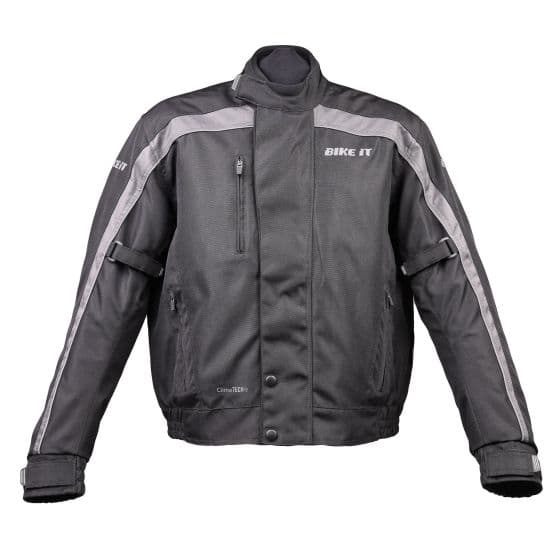 Black waterproof bomber jacket with reflective gray stripes, zippered chest pocket, and adjustable cuffs, designed for motorcycle use by Bike-It.