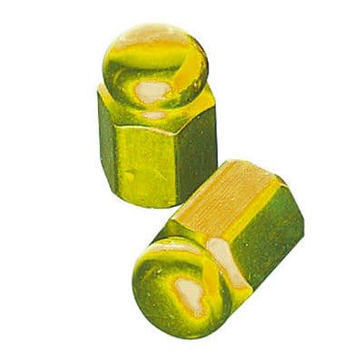 Gold hexagon valve caps with a shiny, metallic finish, featuring a rounded top and a hexagonal base, designed for bicycle tires.
