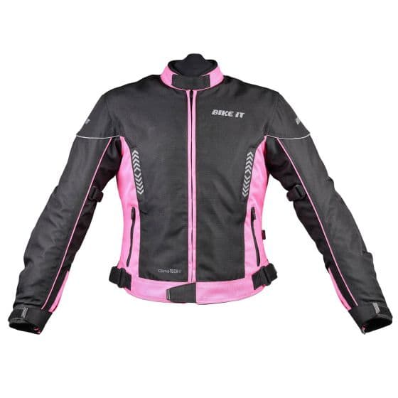 Ladies motorcycle jacket in black and pink, featuring a sleek design, mesh material for ventilation, reflective accents, and adjustable straps for a secure fit.