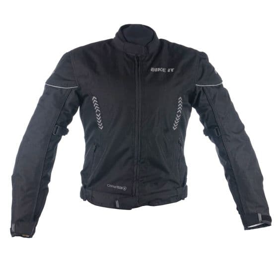 Black motorcycle jacket for women by Bike-It, featuring a sleek design, reflective accents, and adjustable straps for a secure fit, made from durable material.