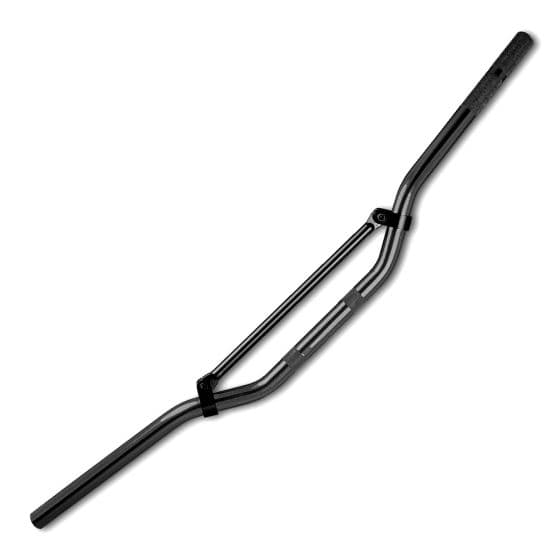 Black low braced handlebar with a shot peen finish, featuring a sleek design and sturdy construction, ideal for enhancing bike performance and style.