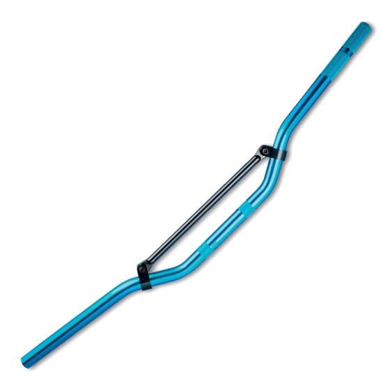 Low braced bike handlebar in vibrant blue, featuring a sturdy aluminum construction with a black brace for added support and grip.