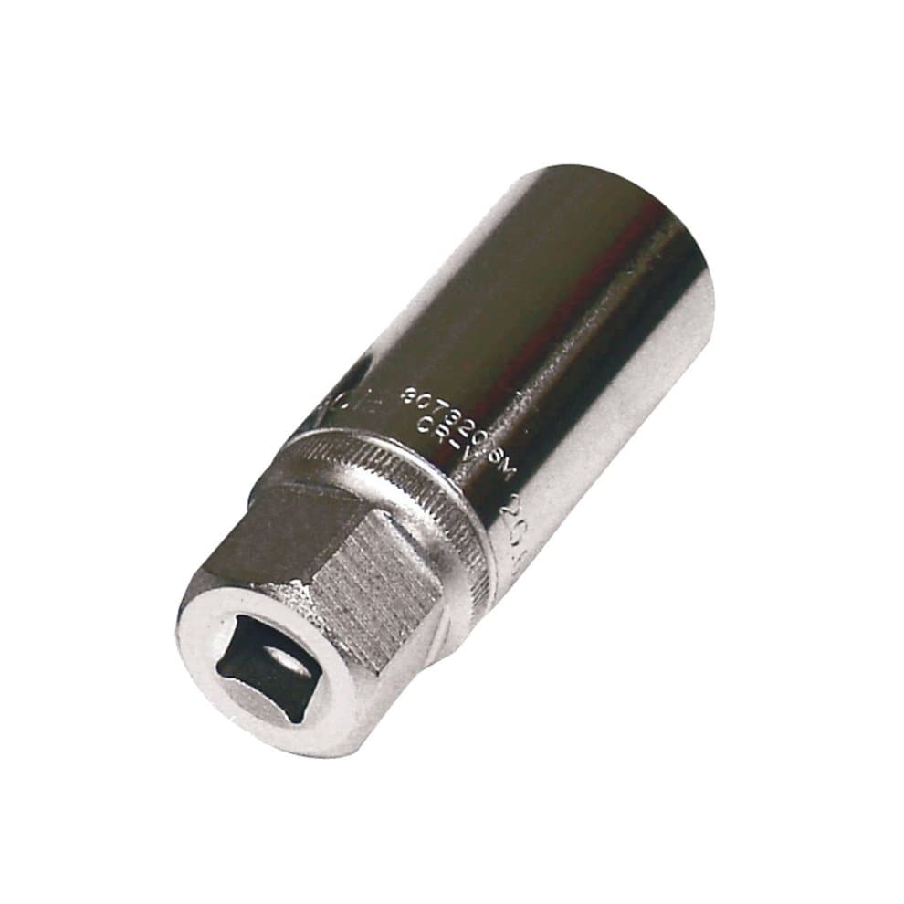 Shiny chrome-plated steel spark plug socket tool, 20.6mm size, 3/8" drive, featuring a magnetic interior for secure grip on spark plugs.