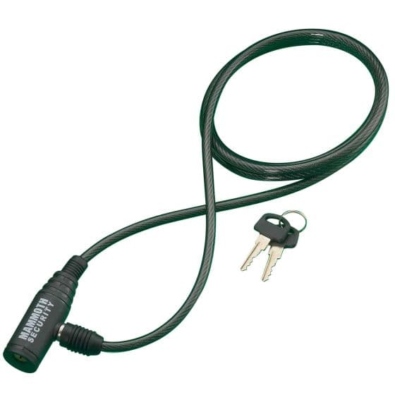 Black 6mm x 1.65m cable lock with a cylindrical locking mechanism and two accompanying keys, designed for securing bicycles.