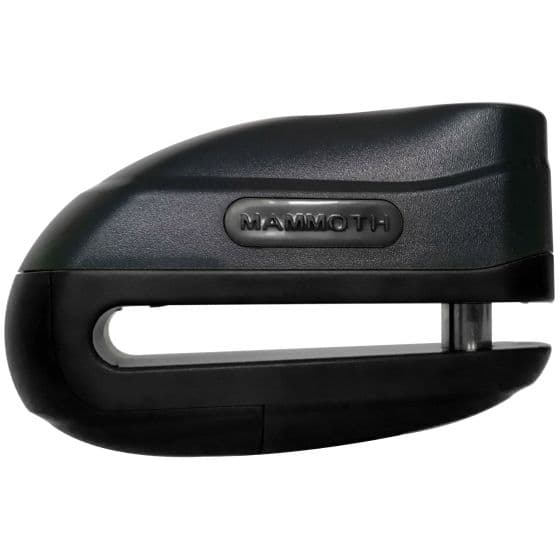Black Mammoth Security Rogue Disc Lock with a sleek design, featuring a durable plastic exterior and a prominent logo, designed for securing bikes with a 10 mm locking pin.