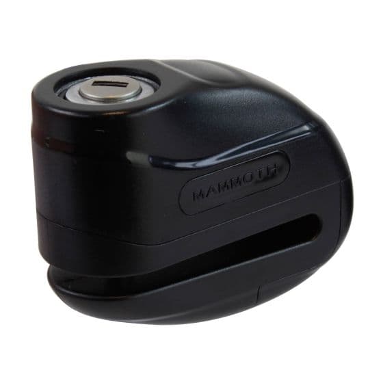 Black 6 mm Mammoth Security Rogue Disc Lock featuring a sleek design, durable plastic material, and a keyhole for secure locking.