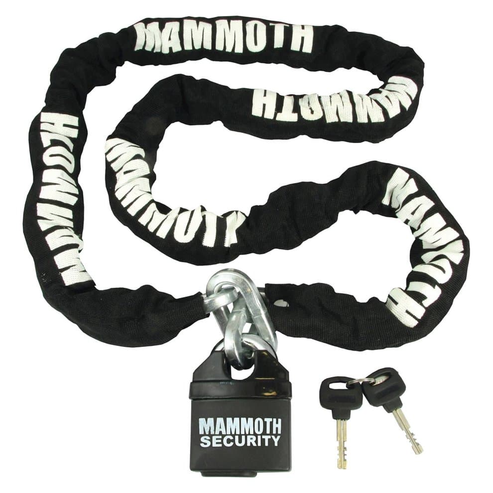 Black chain lock with a 1.8-meter length, featuring a sturdy closed shackle lock, embossed with "MAMMOTH" in white, accompanied by two keys.