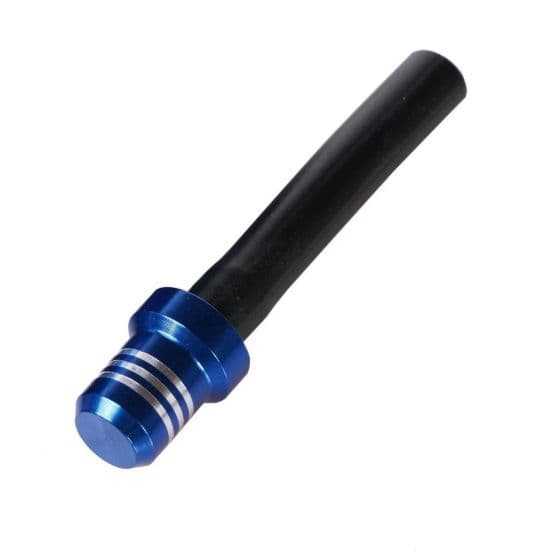 Blue aluminum motorcycle fuel cap vent valve with a black rubber hose, featuring silver stripes on the cap for grip and a sleek, durable design.