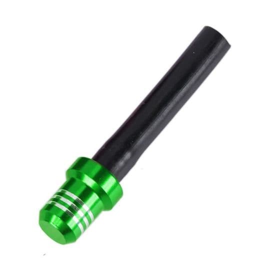 Green aluminum fuel cap vent valve with a black rubber tube, featuring three silver stripes near the base, designed for motorcycle or bike fuel systems.