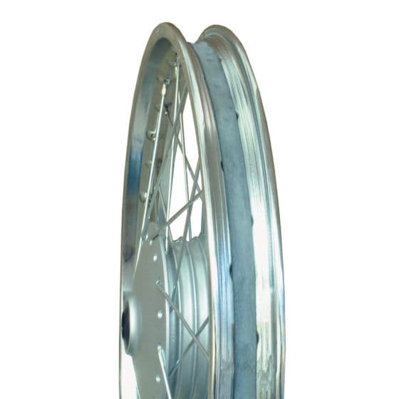 14-inch silver bike rim with a smooth, gray rim tape installed, showcasing the spokes and hub in the center.