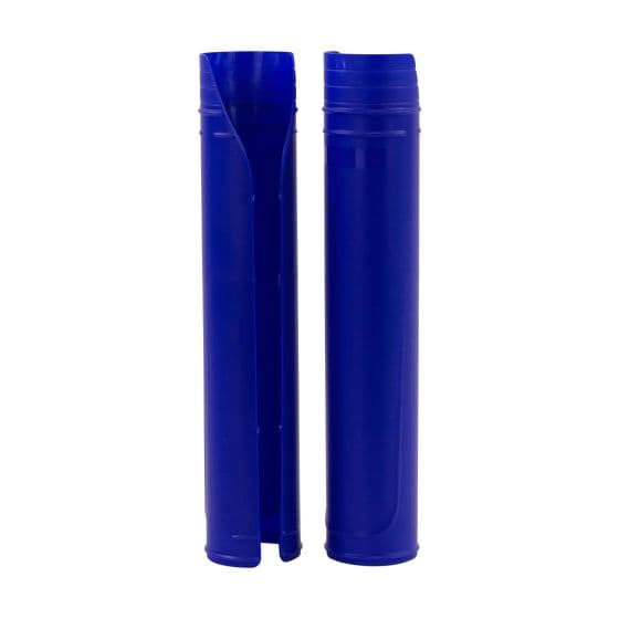 Blue plastic upper fork protector guards designed for motorcycles, featuring a sleek, smooth finish and a split design for easy installation.