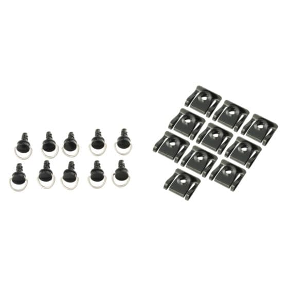 Black slip-on fairing fasteners, 17 mm size, made of durable material, featuring a quick-release design, arranged in two groups of ten pieces.