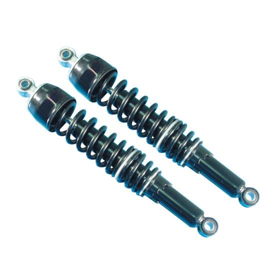 Black twin shock absorbers with chrome accents, featuring coil springs and eyelet mounts, designed for bikes, measuring 280 mm in length.