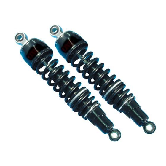 Black twin shock absorbers with a 305 mm eye-to-eye measurement, featuring metal ends and coiled springs for enhanced bike suspension performance.