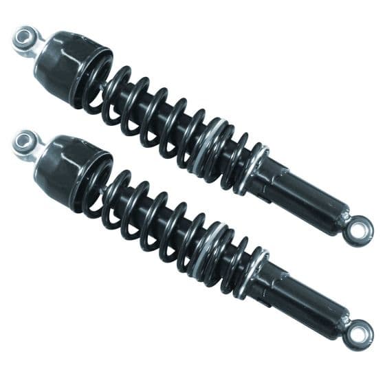Black twin shock absorbers with a coil spring design, featuring a glossy finish and eye-to-eye mounting points, designed for enhanced bike suspension performance.