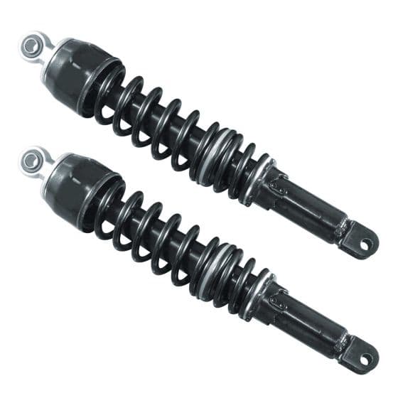 Black twin shock absorbers with a 365 mm length, featuring coil springs and metal components, designed for enhanced bike suspension performance.