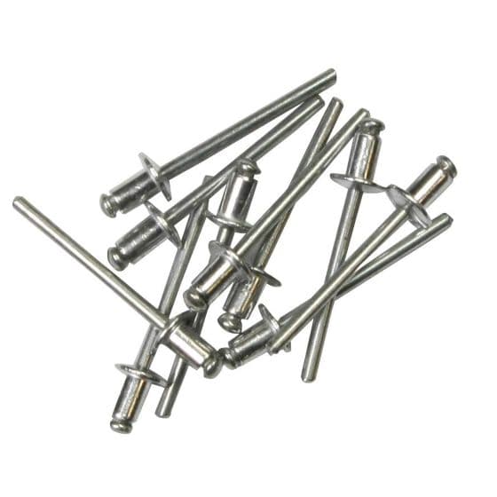 Silver metal rivets in various positions, featuring long shafts and rounded heads, packaged as a 50-piece set, each measuring 4.0 mm by Bike-It.