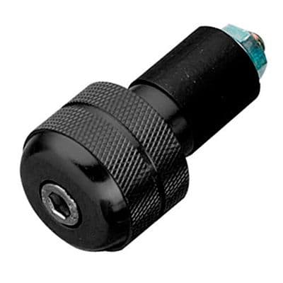 Black round bar end weights for bike handlebars, featuring a textured grip, hex screw for installation, and a sleek design suitable for 18 mm handlebars.