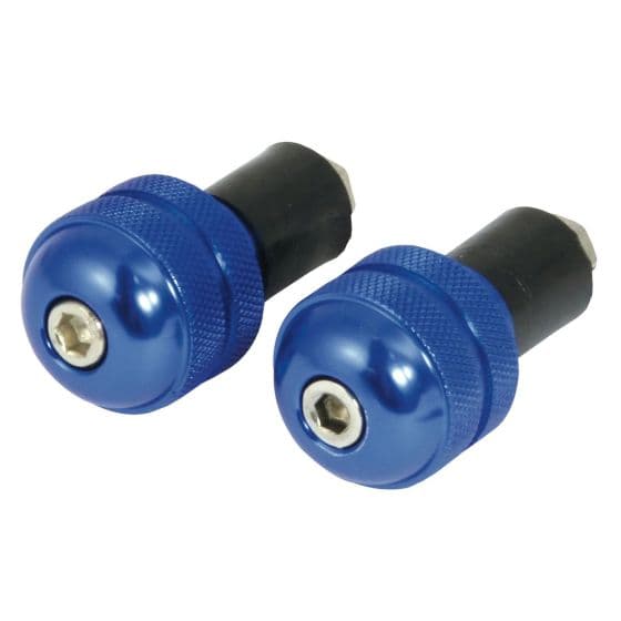 Round bar end weights in blue, featuring a textured grip and a silver hex screw, designed for 13mm handlebars, made from durable metal with a glossy finish.